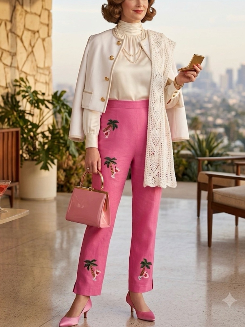 Linen Embroidered Palm-Print Cropped Pants